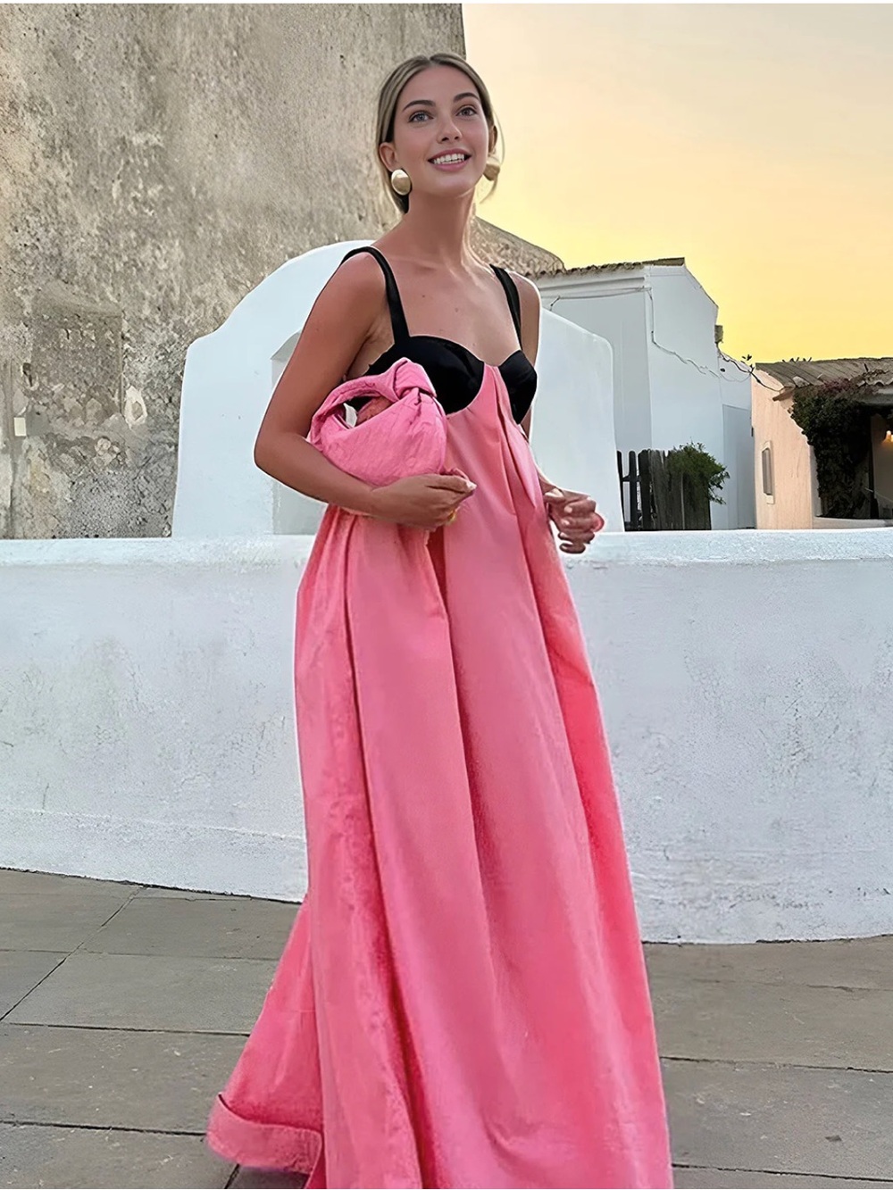 Commense Pink Maxi Dress with Black Bodice